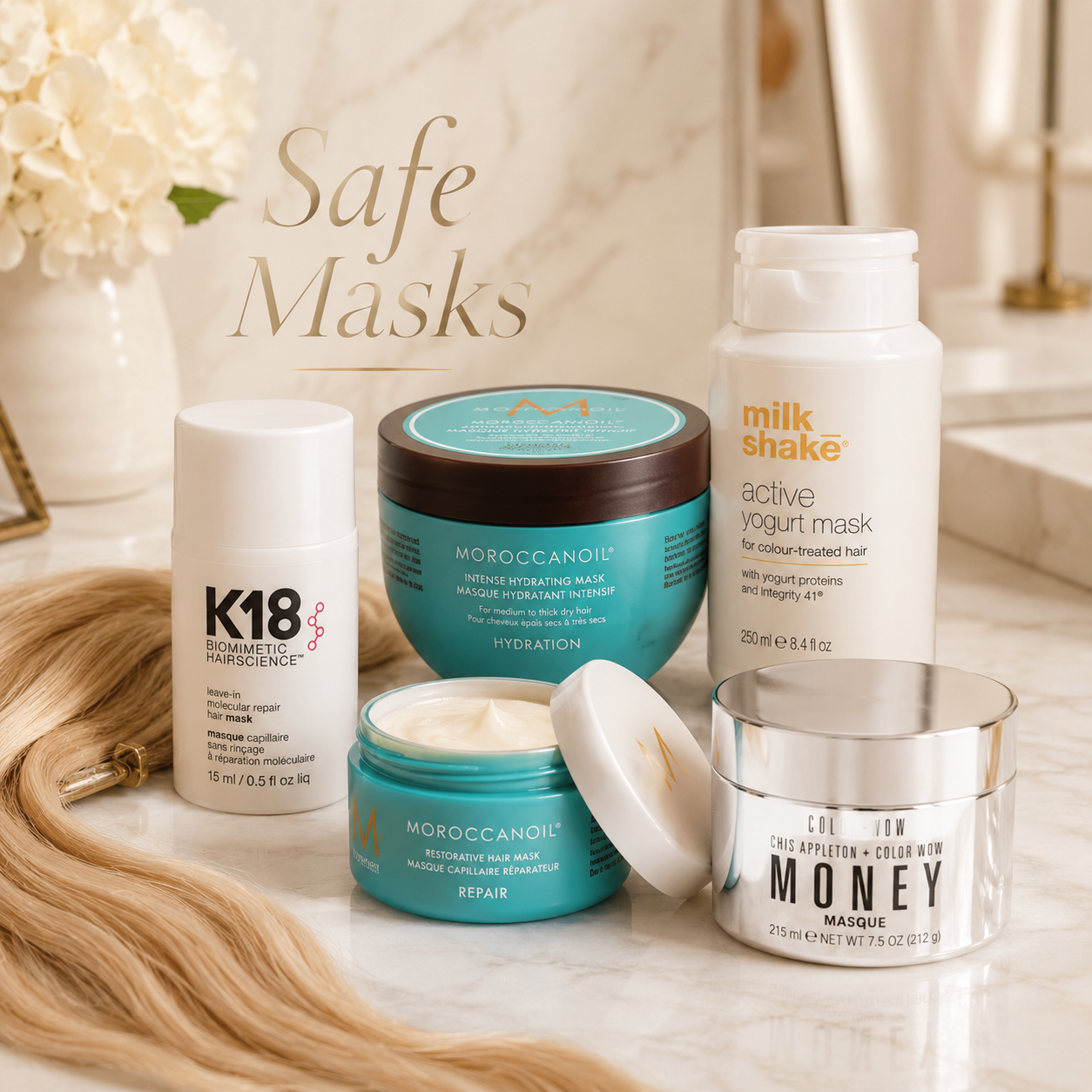Hair extension safe masks from K18, Moroccanoil, milk_shake and Color Wow beside blonde human hair extensions.