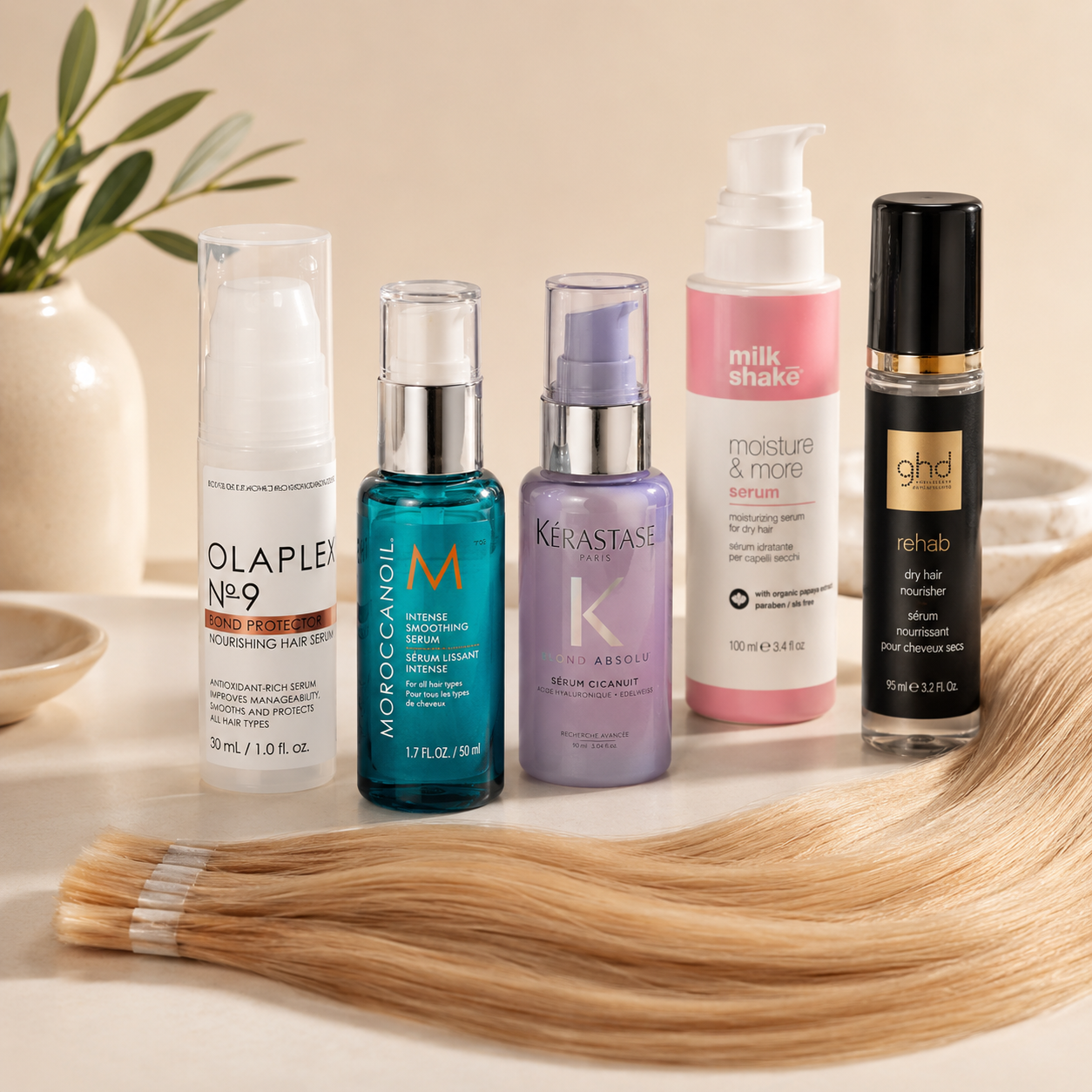 Hair extension safe serums from Olaplex, Moroccanoil, Kérastase, milk_shake and ghd displayed with blonde human hair extensions.