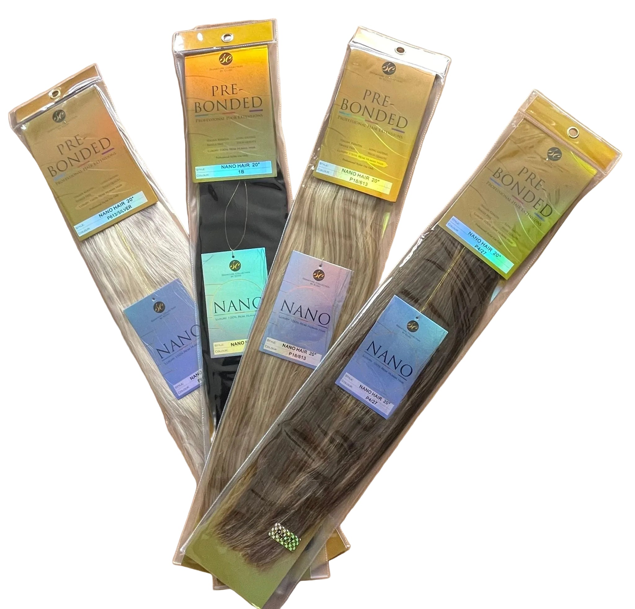 Packaged pre-bonded nano tip hair extensions with 'NANO' branding on a wooden surface