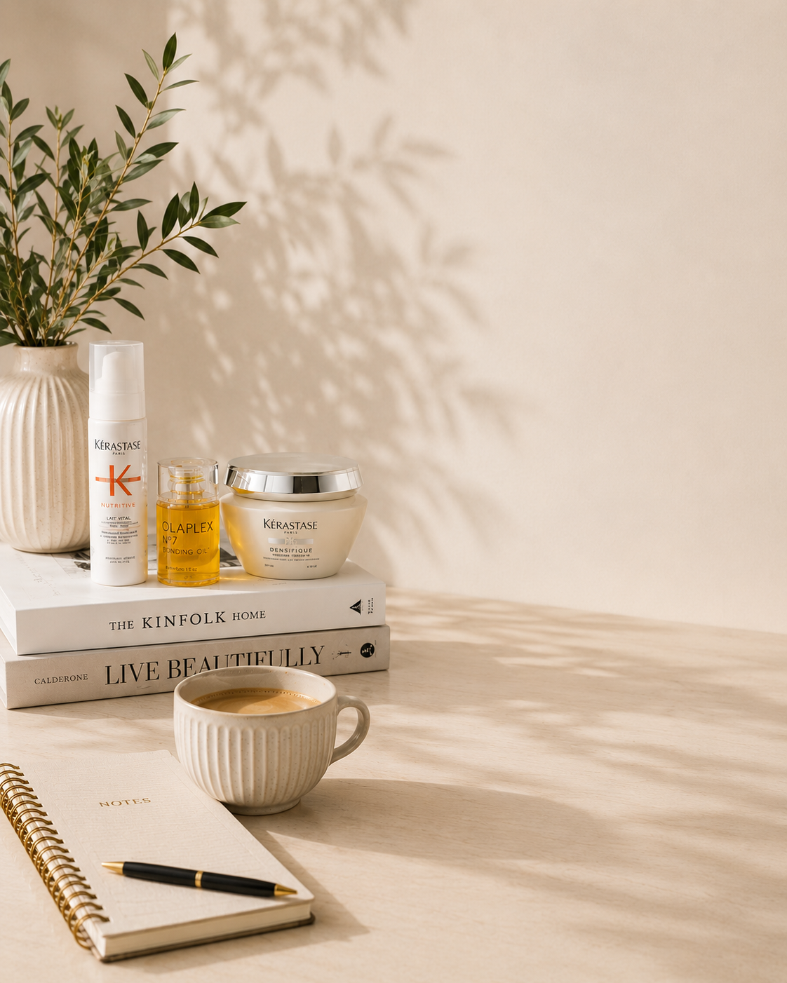 Beauty blog banner with premium haircare products, notebook and coffee cup on a luxury neutral background with space for blog content.
