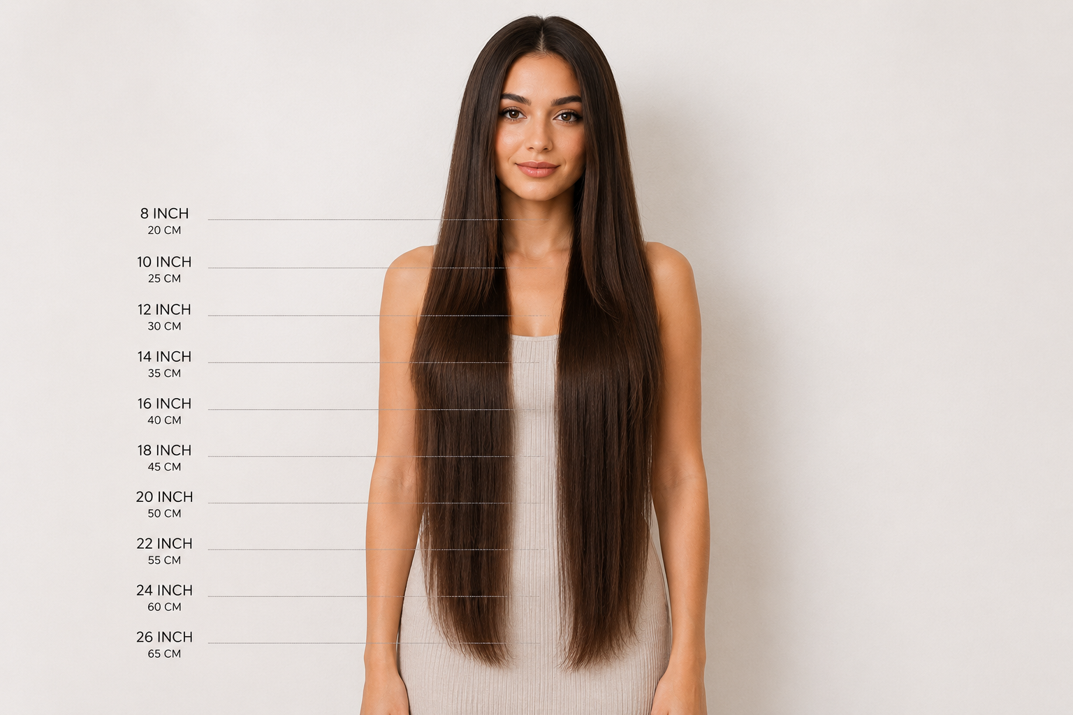 Professional human hair extensions length chart displaying 8–26 inch extensions on brunette hair to help choose the perfect length for natural volume and luxury styling.