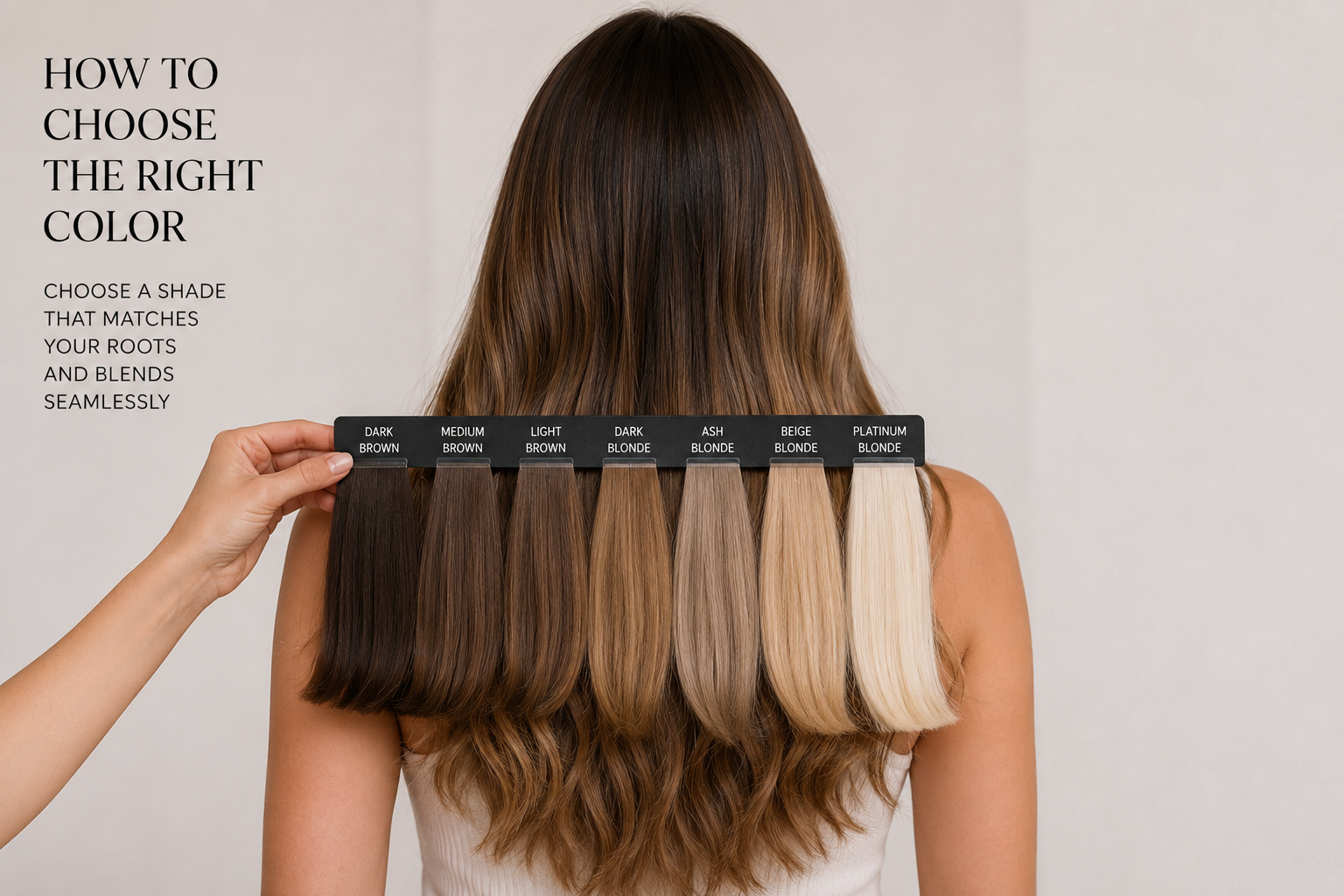 Professional human hair extensions colour matching chart featuring dark brunette, chocolate brown, blonde and balayage shades for seamless natural hair extension blending.