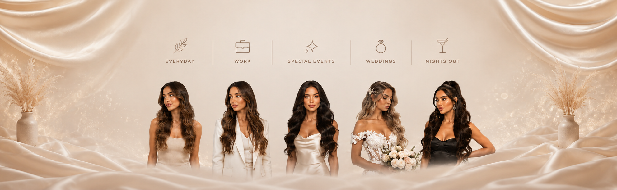 Premium human hair extensions inspiration banner showcasing brunette and balayage hairstyles for weddings, special occasions, work, everyday styling and glamorous evening looks.
