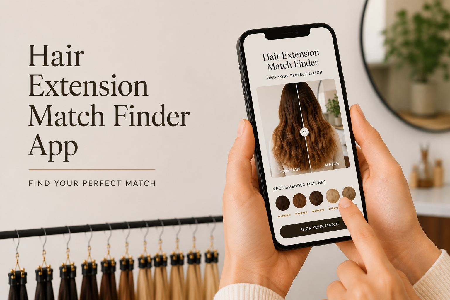 Person holding a smartphone with a hair extension match finder app displayed, in a room with hair extensions and a mirror.