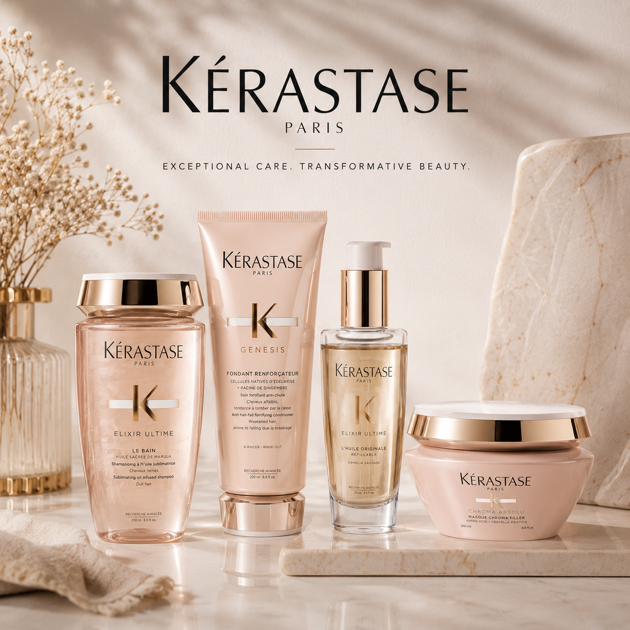 Luxury Kérastase Paris haircare products including shampoo, conditioner, hair oil and treatment mask displayed on a soft beige premium salon-inspired background.