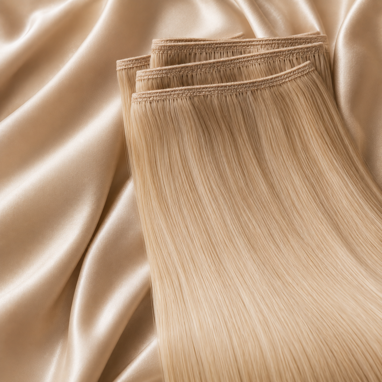Luxury European Weft hair extensions displayed on elegant champagne satin fabric, featuring silky smooth 100% human hair with a seamless professional weft finish, soft natural texture, glossy salon-quality shine, and a refined premium aesthetic for luxury beauty and hair extension branding.