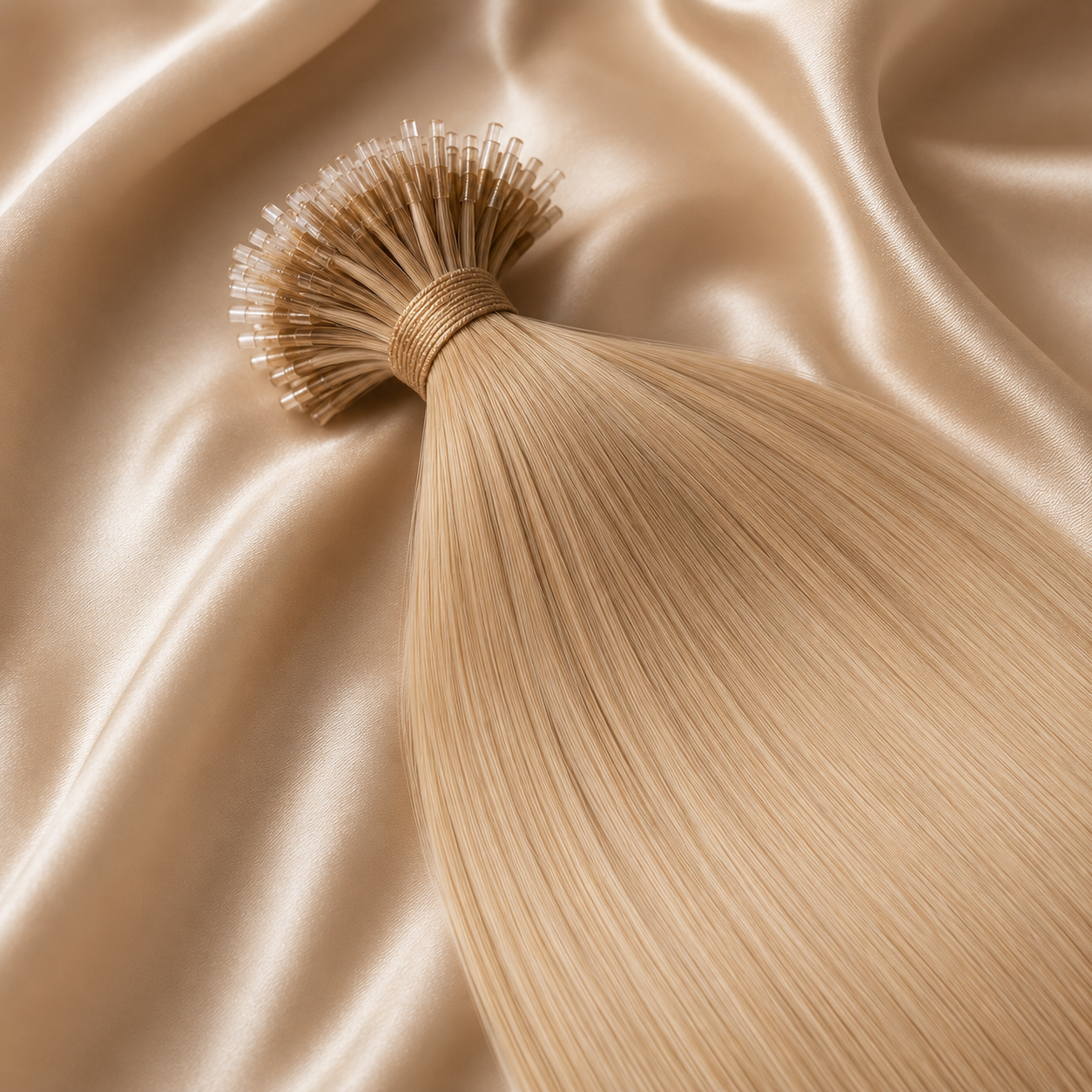 Luxury Nano Tip hair extensions arranged on soft champagne satin fabric, featuring premium keratin nano bonds with silky smooth 100% human hair, ultra-fine professional attachment tips, natural glossy texture, and an elegant salon-quality aesthetic for luxury hair extension branding.