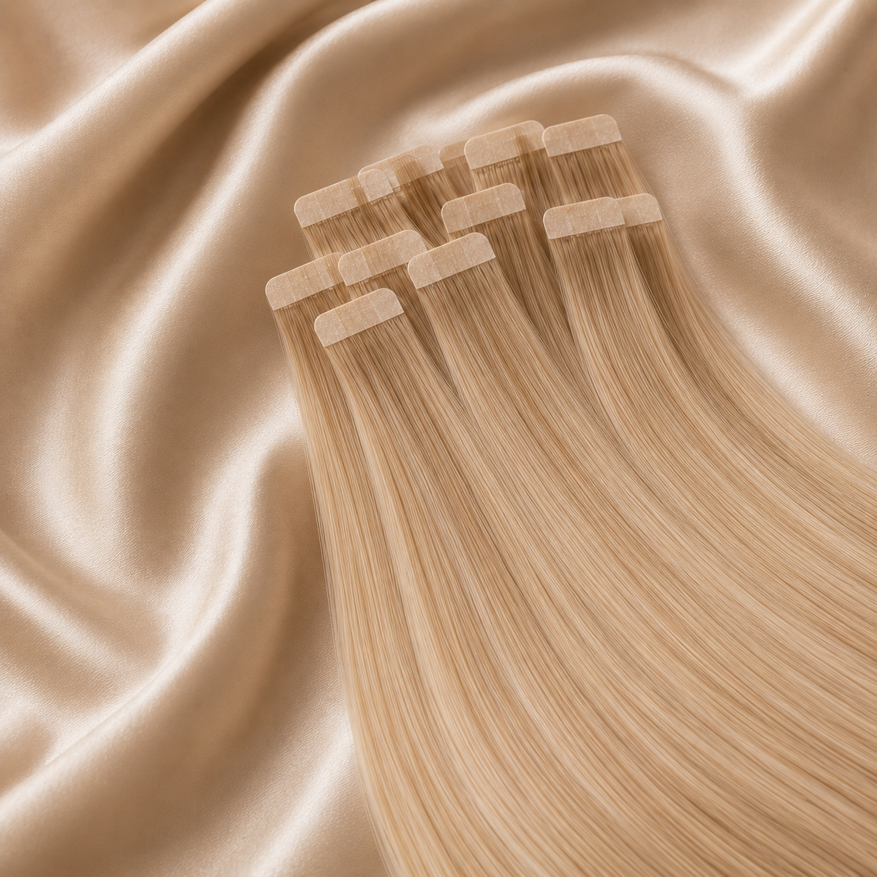 Luxury Tape-In hair extensions displayed on soft champagne satin fabric, featuring individual seamless adhesive tape tabs with silky smooth 100% human hair, ultra-flat salon-quality bonding pieces, glossy natural texture, and an elegant premium beauty aesthetic for professional hair extension branding.