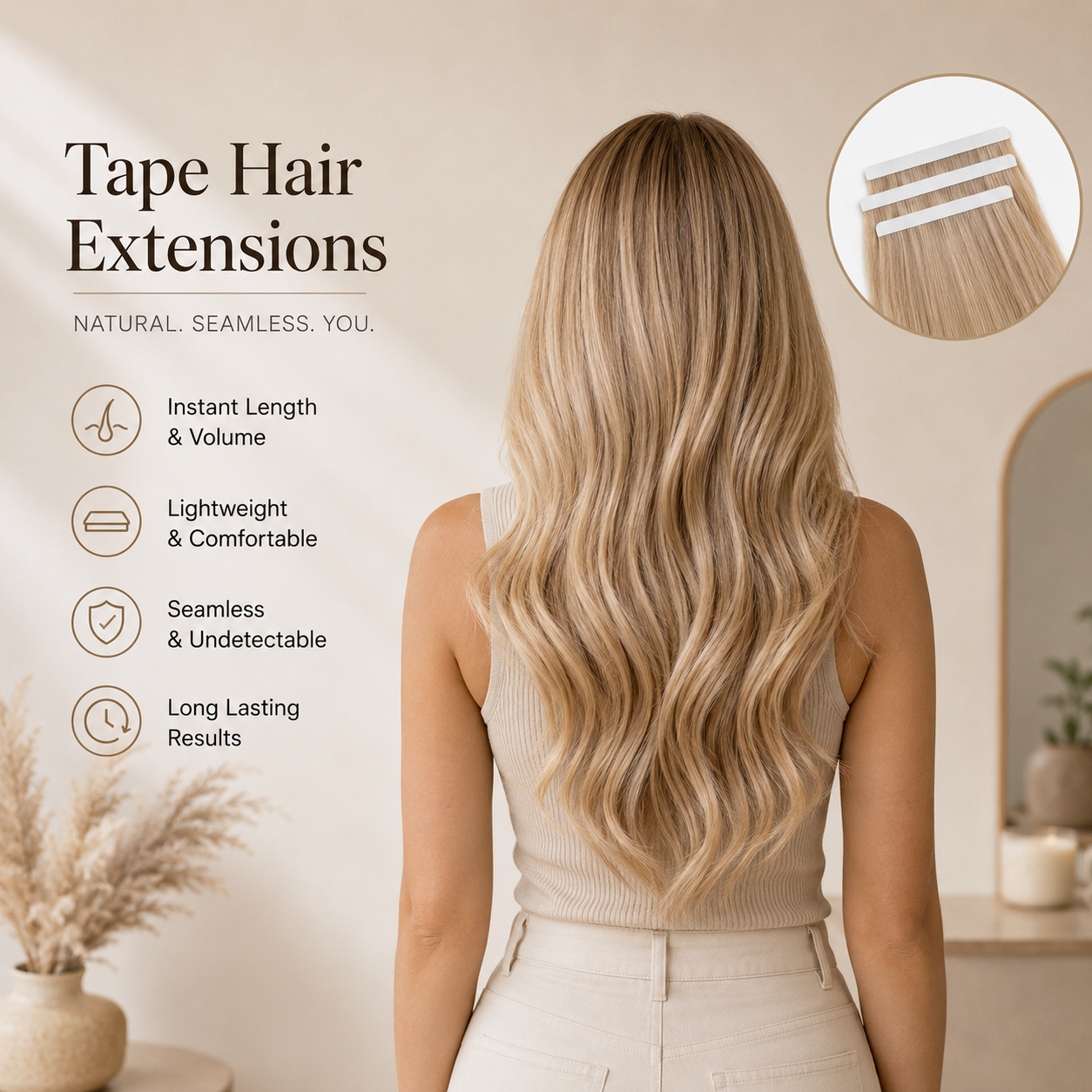 Luxury studio-style promotional image for Tape Hair Extensions featuring a blonde model viewed from the back with long seamless flowing hair. Elegant neutral cream background with soft shadows, premium typography, and highlighted features including instant length, lightweight comfort, seamless blend, and long-lasting results. Circular close-up detail of tape-in extension tabs shown in the top corner for a professional salon-quality aesthetic.