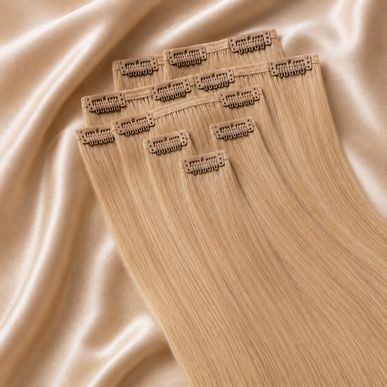 Luxury Clip-In hair 10 pieces hair extensions arranged on elegant champagne satin fabric, featuring seamless multi-piece clip attachments with silky smooth 100% human hair, glossy natural texture, secure salon-quality clips, and a premium professional beauty aesthetic for luxury hair extension branding.