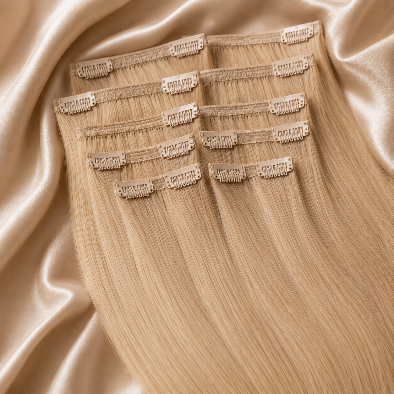 Luxury Clip-In Extra Volume 10 Piece hair extensions displayed on elegant champagne satin fabric, featuring silky smooth 100% human hair with secure professional clip attachments, full-body extra volume design, glossy salon-quality texture, and a premium high-end aesthetic for luxury beauty and hair extension branding.