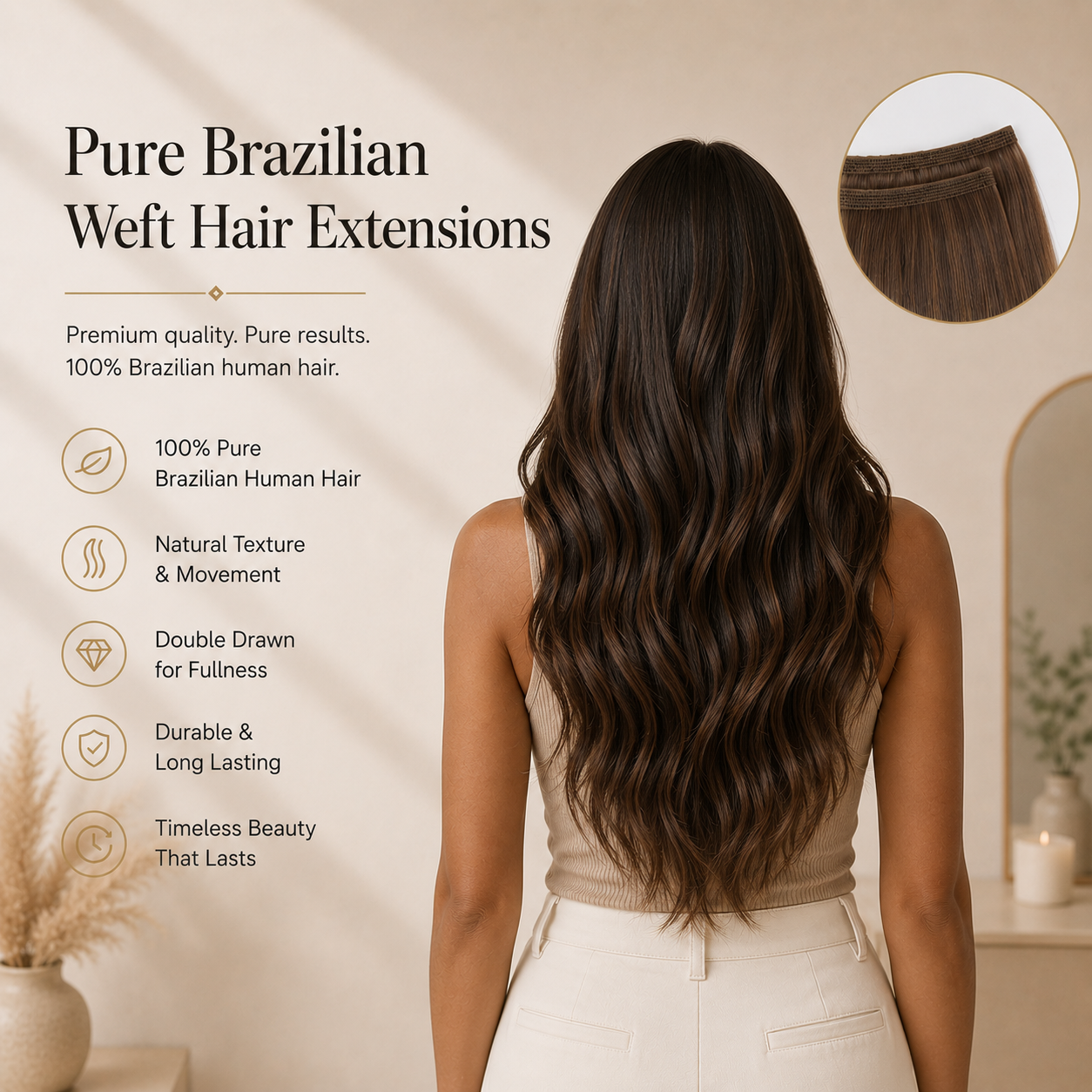 Pure Brazilian human hair extensions collection featuring straight, body wave, curly and deep wave textures in professional luxury packaging on a clean white background.
