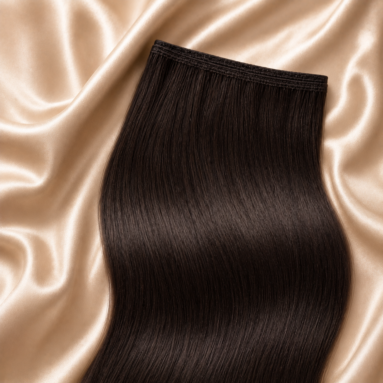Luxury Pure Brazilian weft hair extensions by Echo displayed on elegant champagne satin fabric, featuring silky smooth dark human hair with a seamless professional weft finish, rich glossy texture, natural shine, and a premium salon-quality aesthetic for luxury beauty and hair extension branding.