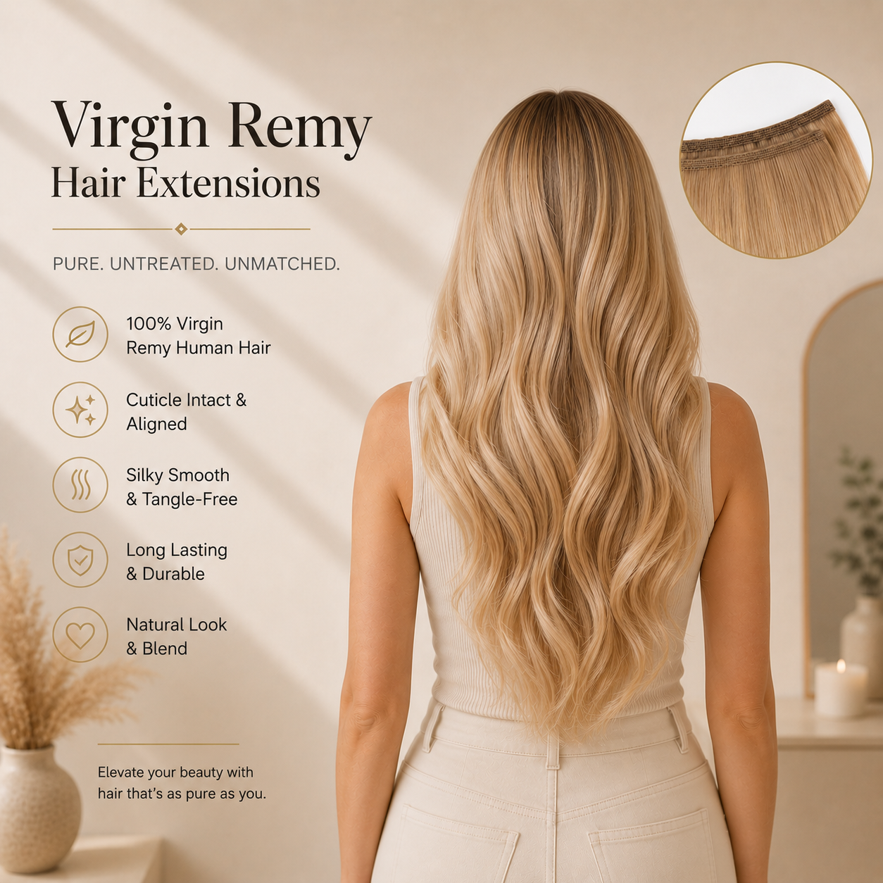 Luxury Pure Brazilian weft hair extensions displayed on elegant champagne satin fabric, featuring silky smooth dark human hair with a seamless professional weft finish, rich glossy texture, natural shine, and a premium salon-quality aesthetic for luxury beauty and hair extension branding.