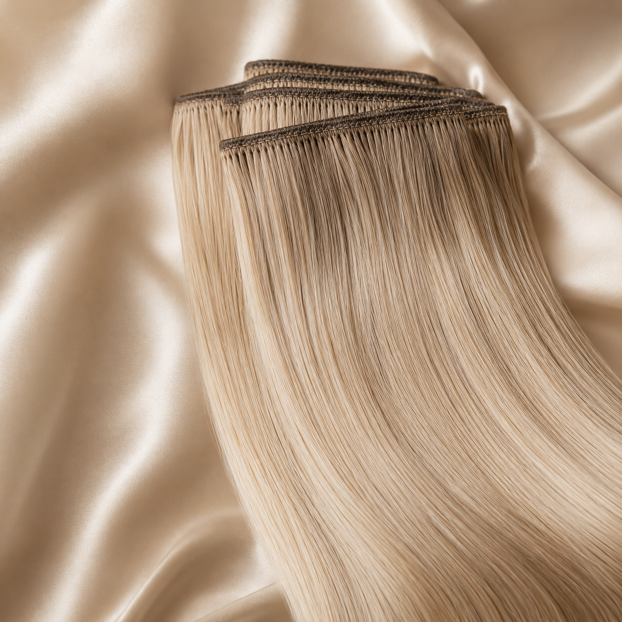 Luxury Russian Remy Weft hair extensions displayed on soft champagne satin fabric, featuring silky smooth double-drawn human hair with a seamless professional weft finish, elegant salon-quality texture, and a premium glossy appearance for high-end beauty and hair extension branding.