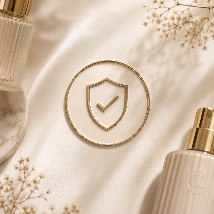 Luxury beauty authentication badge with premium skincare bottles, elegant gold checkmark emblem, soft beige silk background, and high-end salon-inspired cosmetic styling.