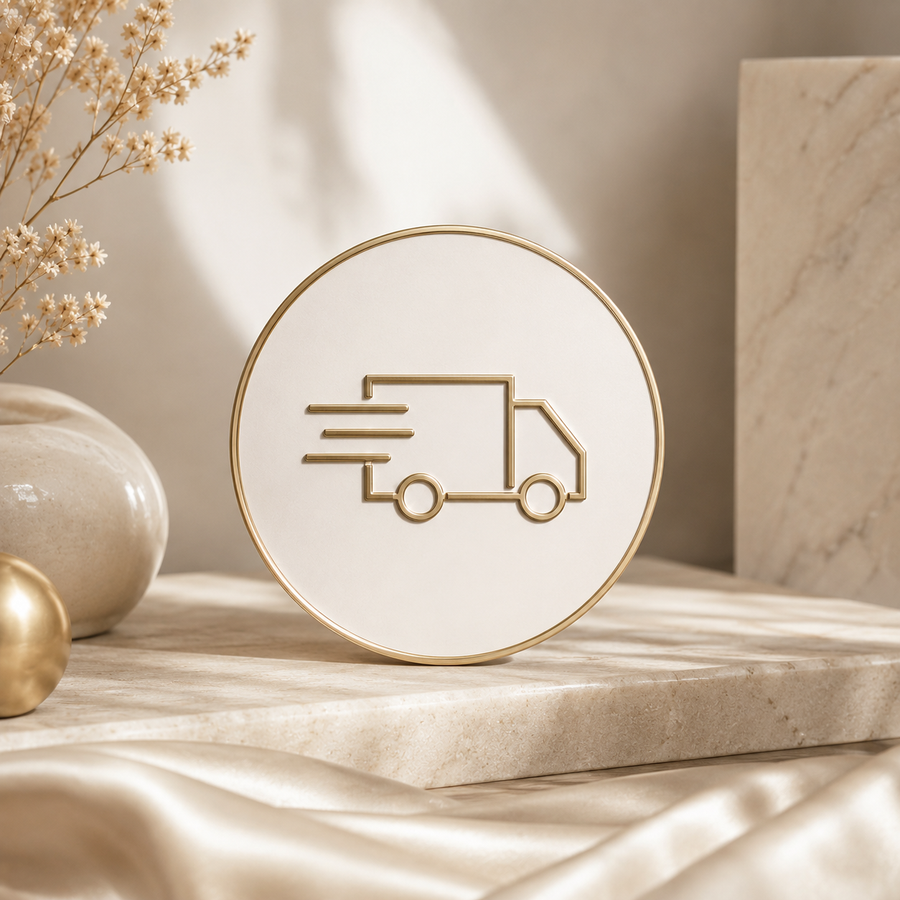 Luxury fast UK delivery badge with elegant gold delivery truck icon, soft beige marble platform, satin fabric textures, and premium salon-inspired cosmetic aesthetic.