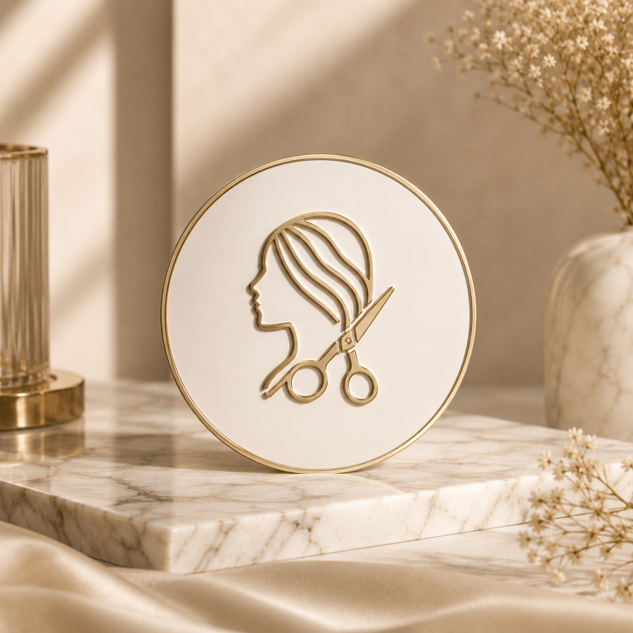 Luxury salon expertise badge with elegant gold hairstyling icon, soft beige marble textures, premium beauty studio styling, and refined cosmetic-inspired aesthetic.