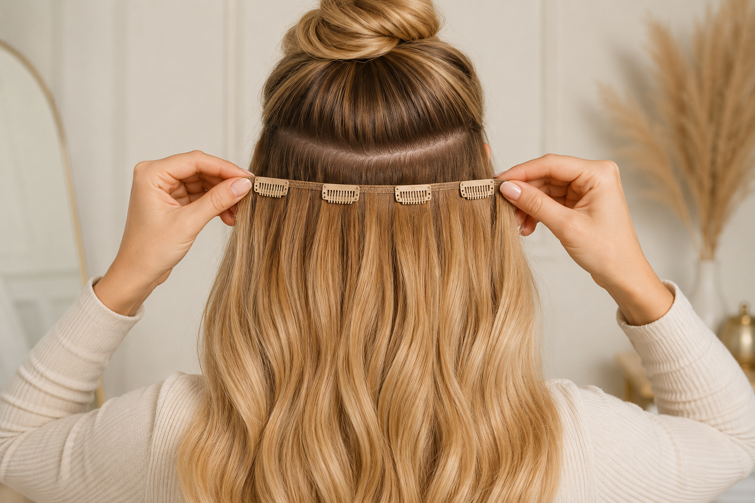 Luxury clip in human hair extensions for blonde balayage hair, designed for instant length, natural volume, temporary wear and professional salon-quality styling.