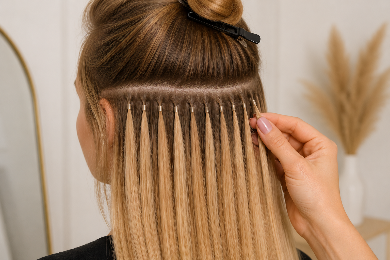 Nano tip blonde human hair extensions for natural movement, discreet fitting and long-lasting volume and length.