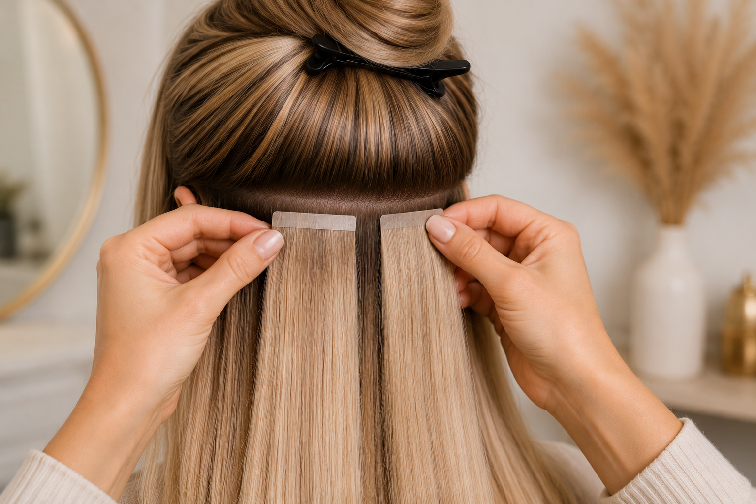 Blonde tape in human hair extensions for natural volume, seamless blending and comfortable long-lasting wear.