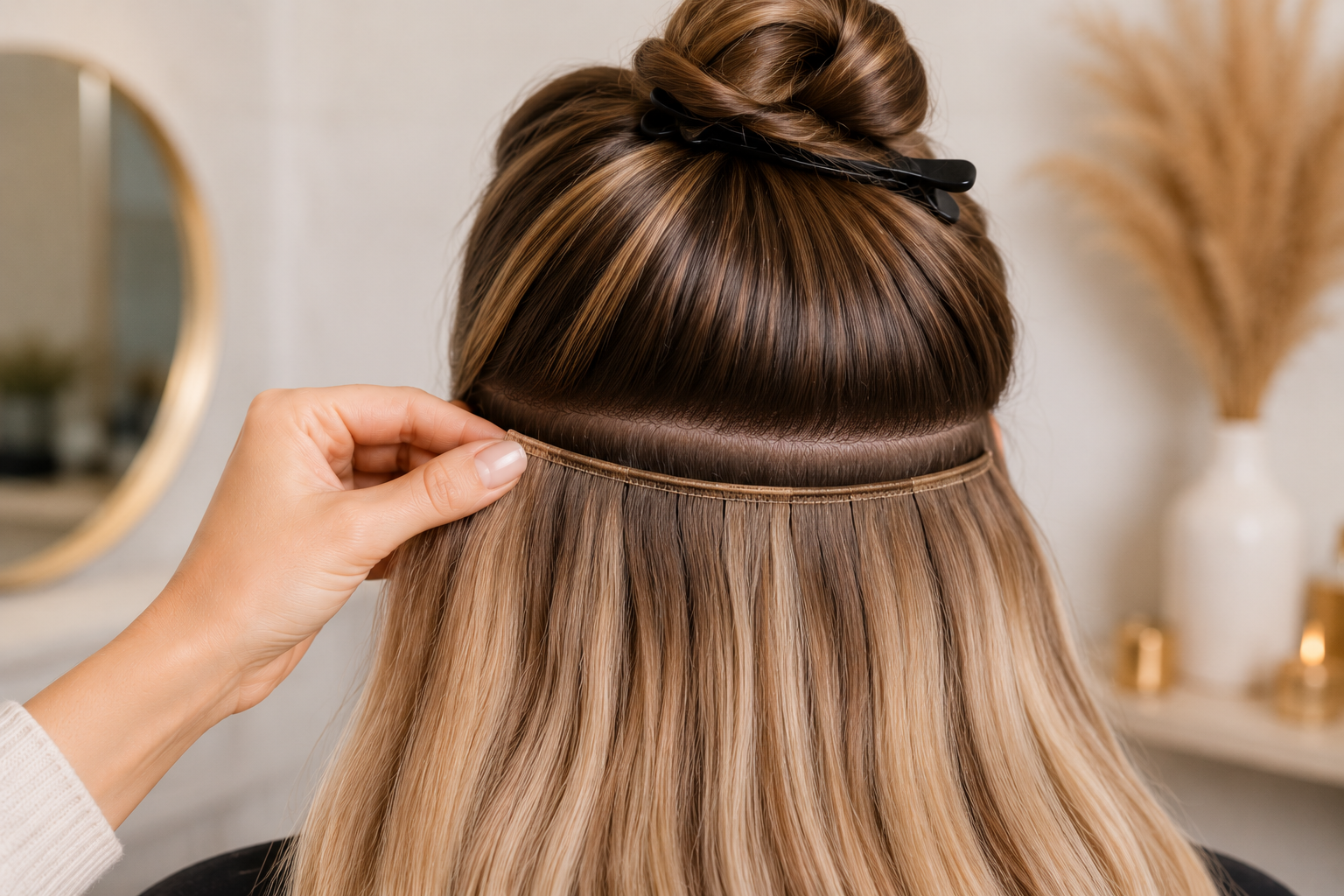 Premium weft human hair extensions for blonde balayage hair, designed for fuller volume, natural thickness and seamless professional salon application.
