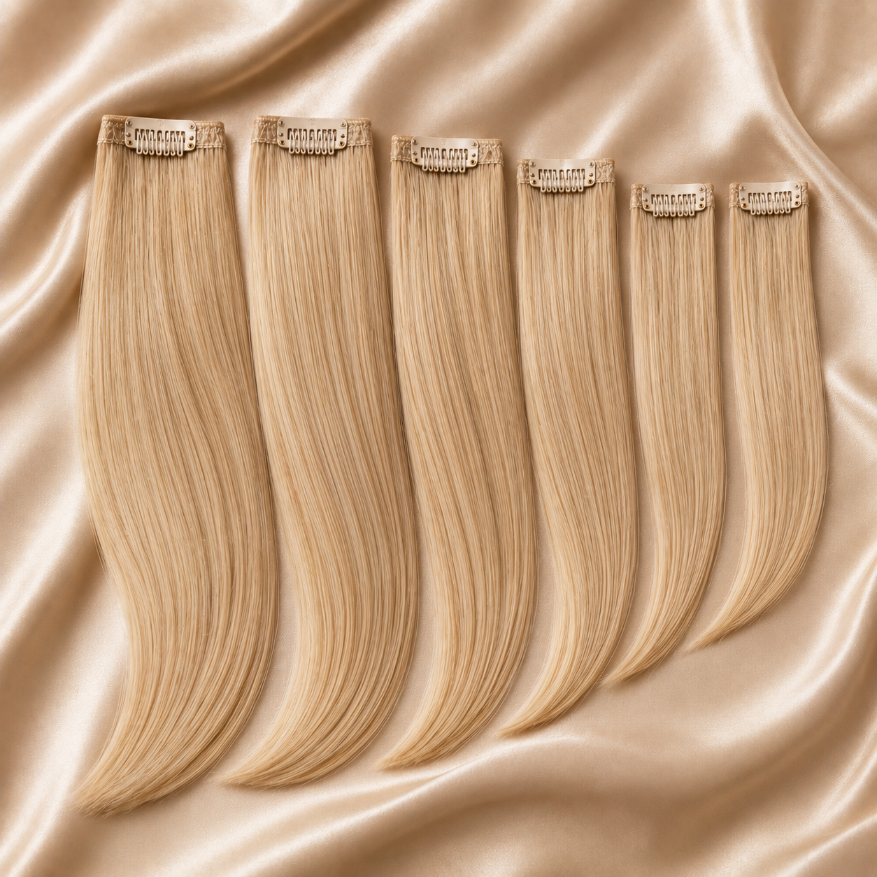 Set of blonde 6 pcs clip in hair extensions on a beige fabric background