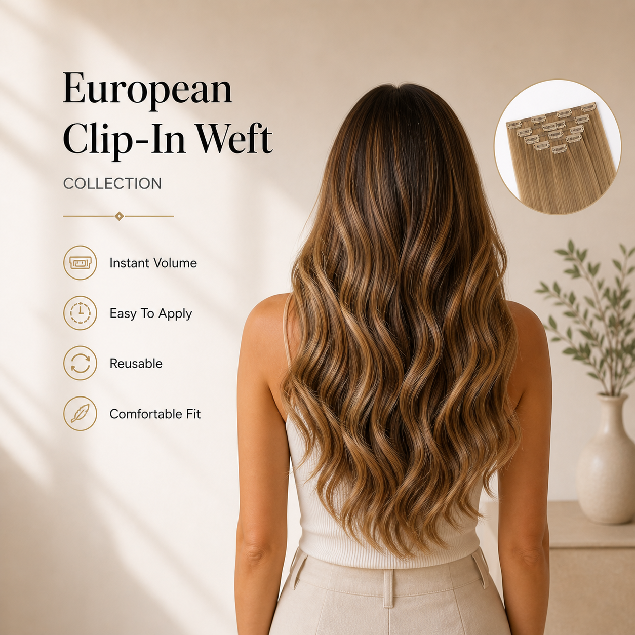 Woman with long, wavy hair wearing a clip-in weft extension, with text highlighting features on a neutral background.