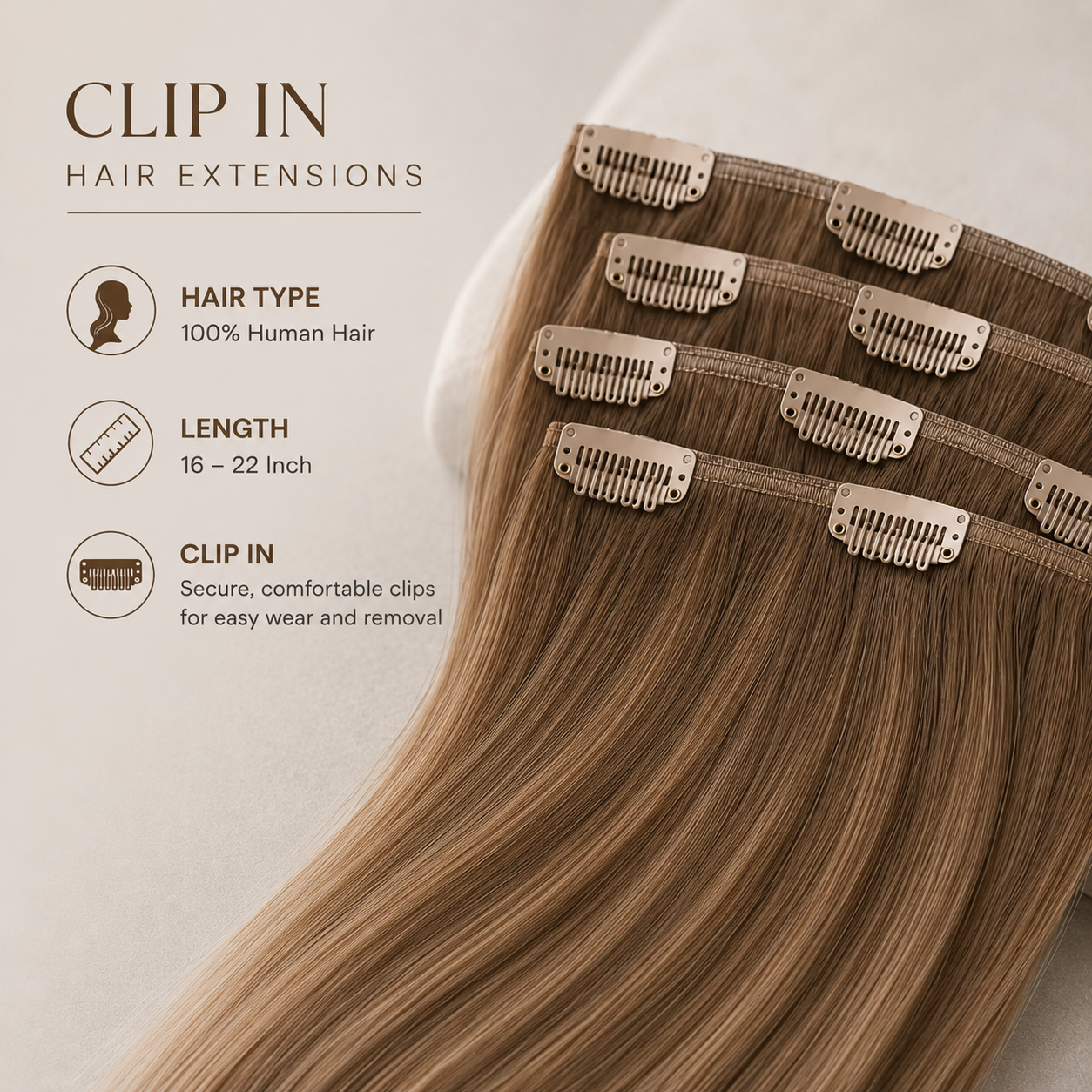Clip in hair extensions with product details on a neutral background