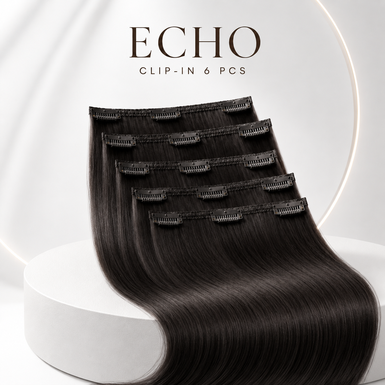 Six black clip-in hair extensions displayed in a cascading stack on a white pedestal, with the text 'ECHO CLIP-IN 6 PCS' at the top against a clean white background.