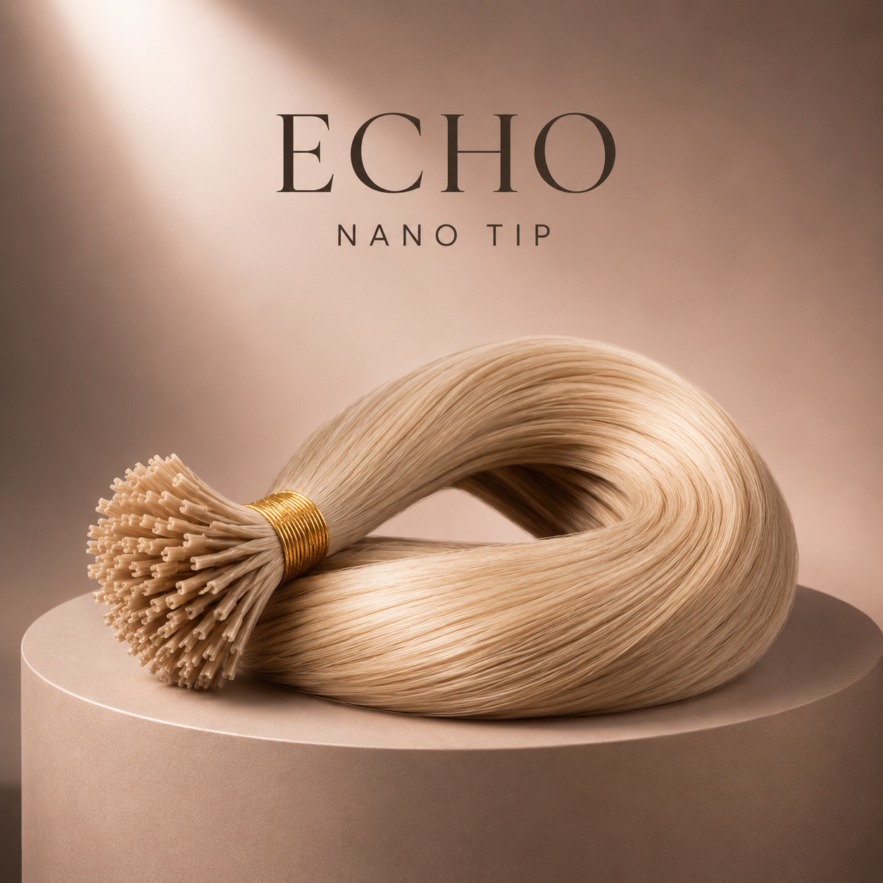 A bundle of blonde blonde tip hair extension tips with nano-style ends, coiled on a round pedestal against a warm beige background. The text 'ECHO NANO TIP' is displayed above the product.