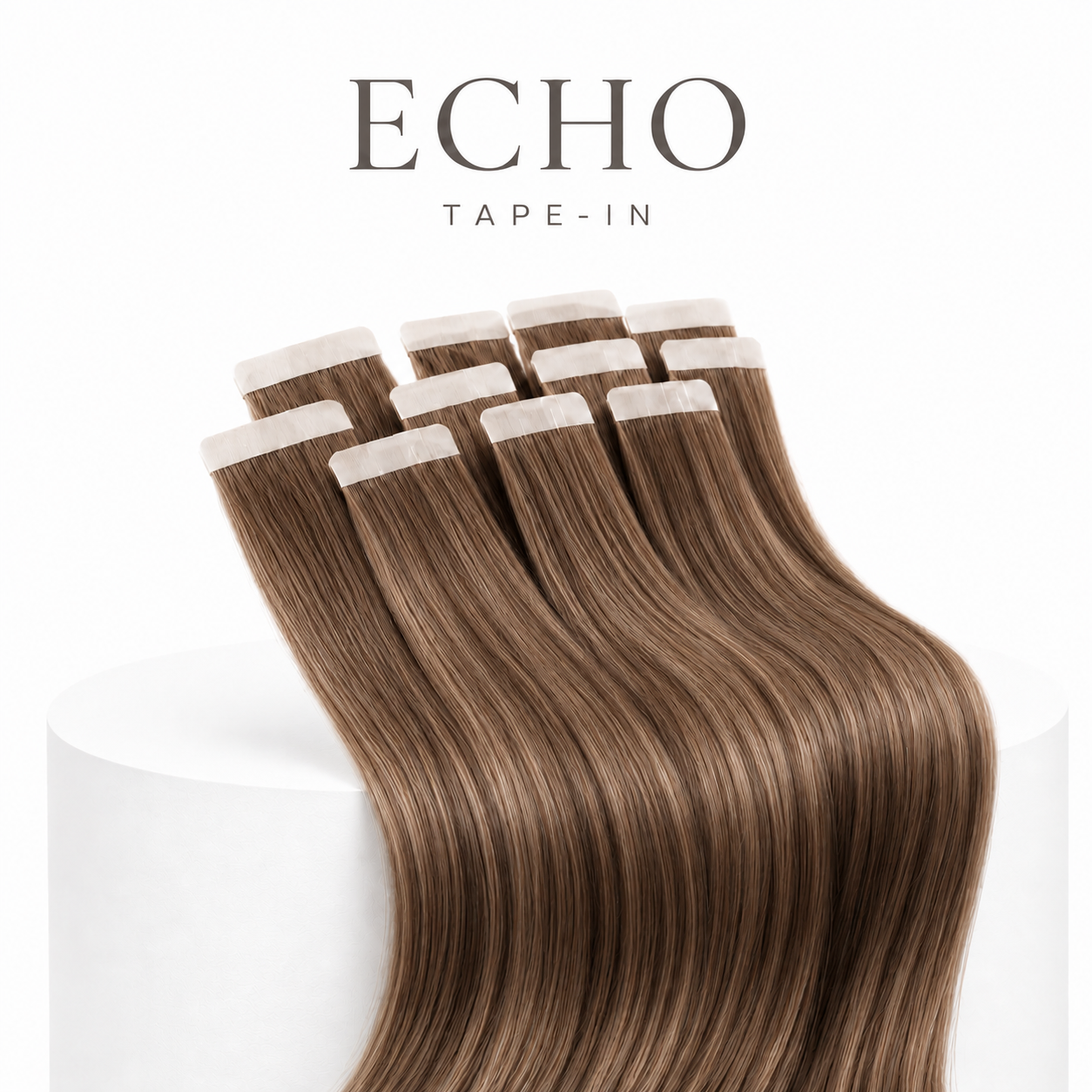 Six wefted tape-in hair extensions in a medium brown shade with subtle warm highlights, fanned out on a white cylindrical pedestal. The brand name 'ECHO' and text 'TAPE-IN' are displayed at the top against a clean white background.
