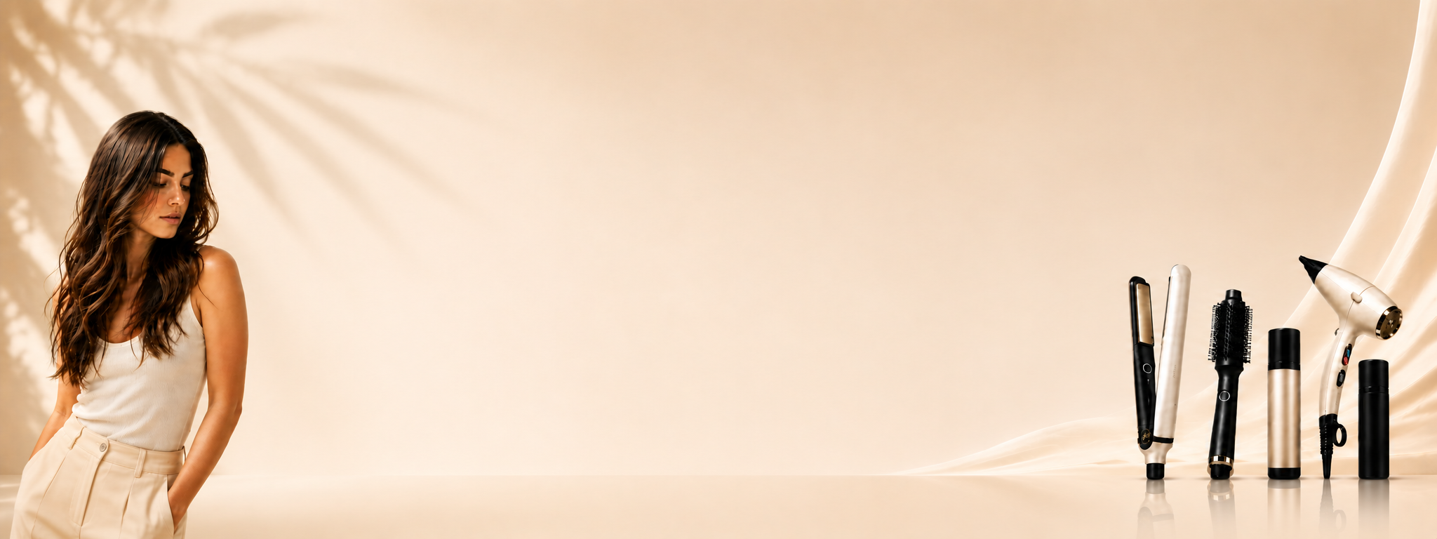 Woman with long hair standing next to a row of GHD hair styling tools like hair straighteners, hair dryers, brushes, heat protection, body sprays on a beige background