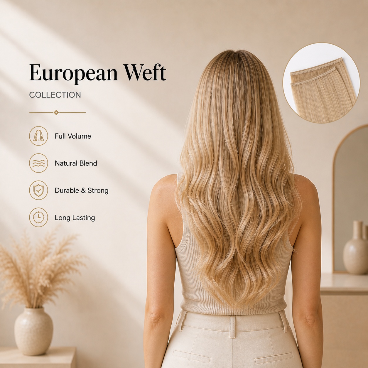 Woman with long blonde hair, showcasing 'European Weft' collection features.