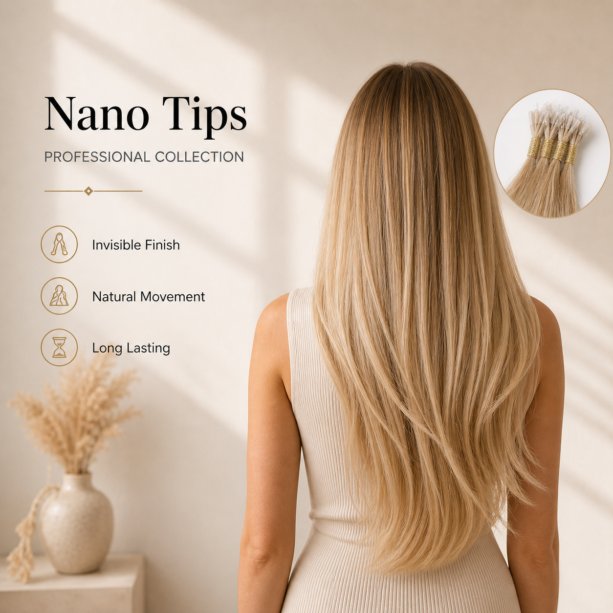 Woman with long blonde hair, promotional image for Echo Nano Tips hair extensions.