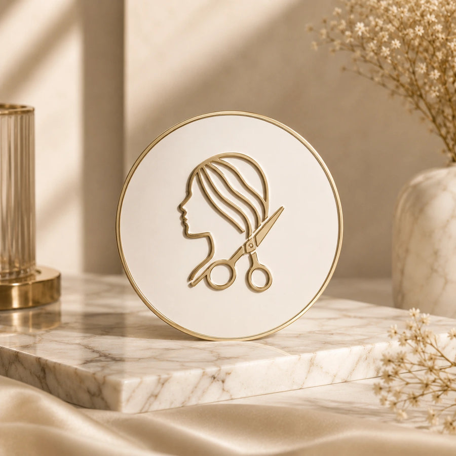 Luxury salon expertise badge with elegant gold hairstyling icon, soft beige marble textures, premium beauty studio styling, and refined cosmetic-inspired aesthetic.