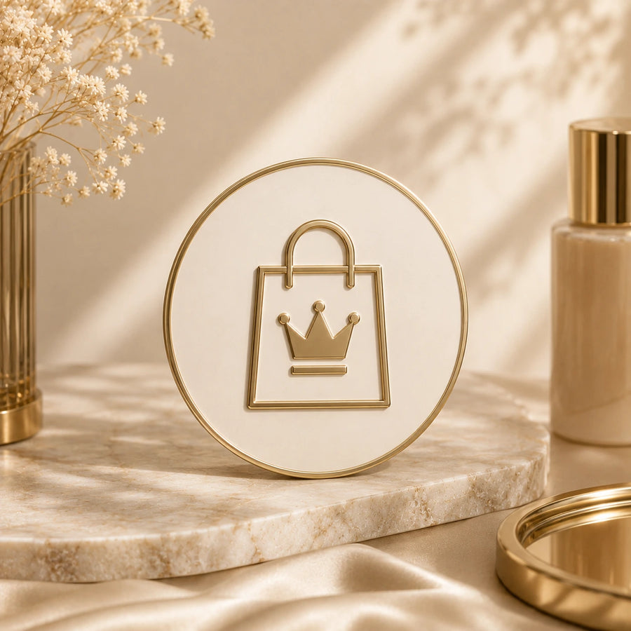 Luxury shopping and premium beauty brands badge with elegant gold retail icon, soft beige marble textures, refined cosmetic styling, and high-end salon-inspired aesthetic.