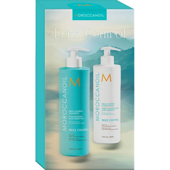 Moroccanoil Frizz Control hair care set in a turquoise gift box, containing a turquoise shampoo bottle and a white conditioner bottle with pump dispensers.
