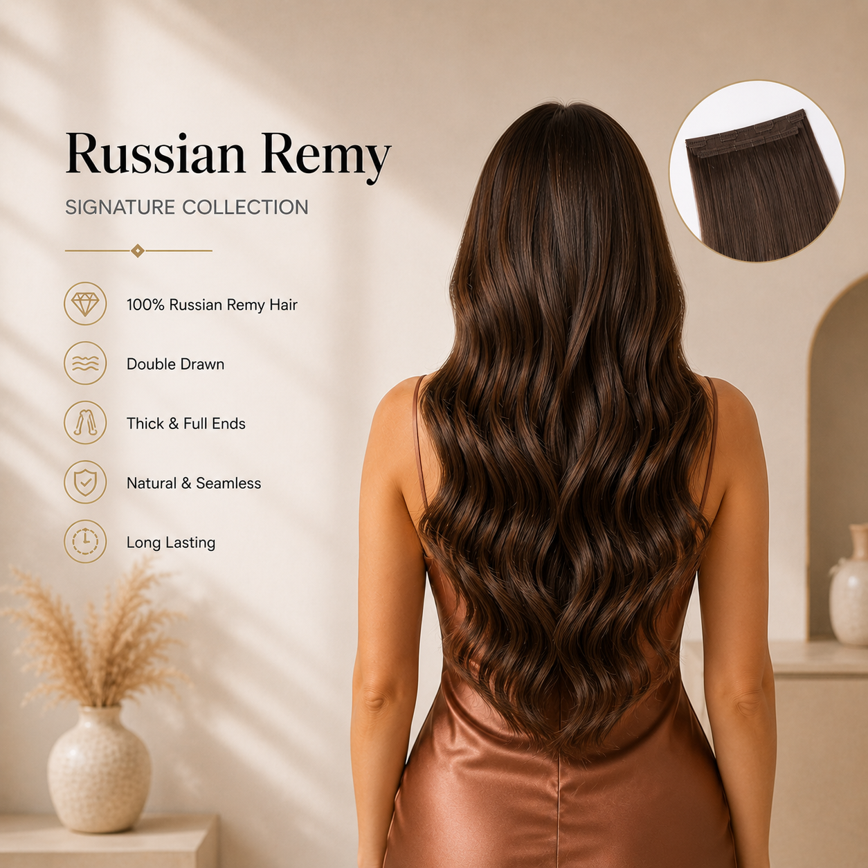 Woman with long, wavy hair styled in a high ponytail, with 'Russian Remy' branding and product features listed.