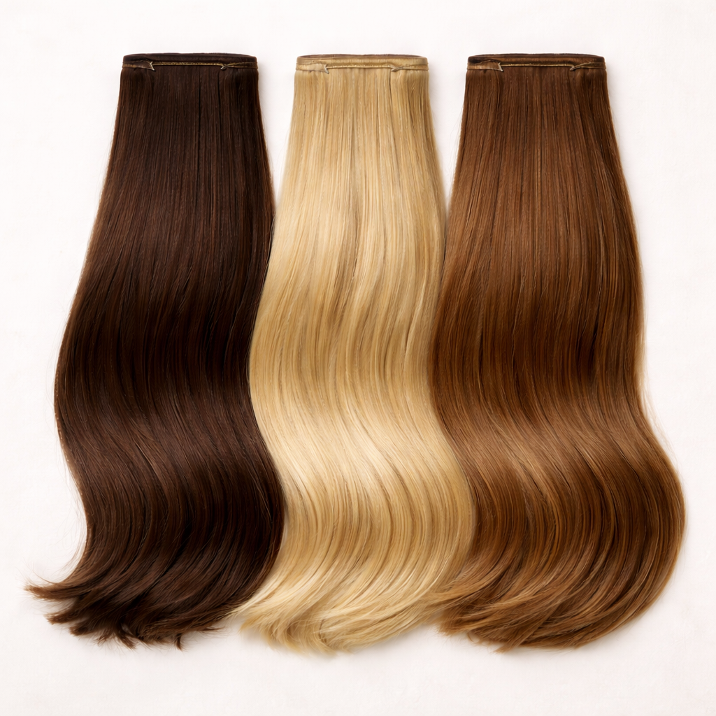 Three hair extensions in different colors on a white background