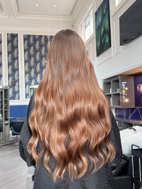 After 22 inch nano bead hair extensions transformation in Hull with brunette human hair extensions and soft waves