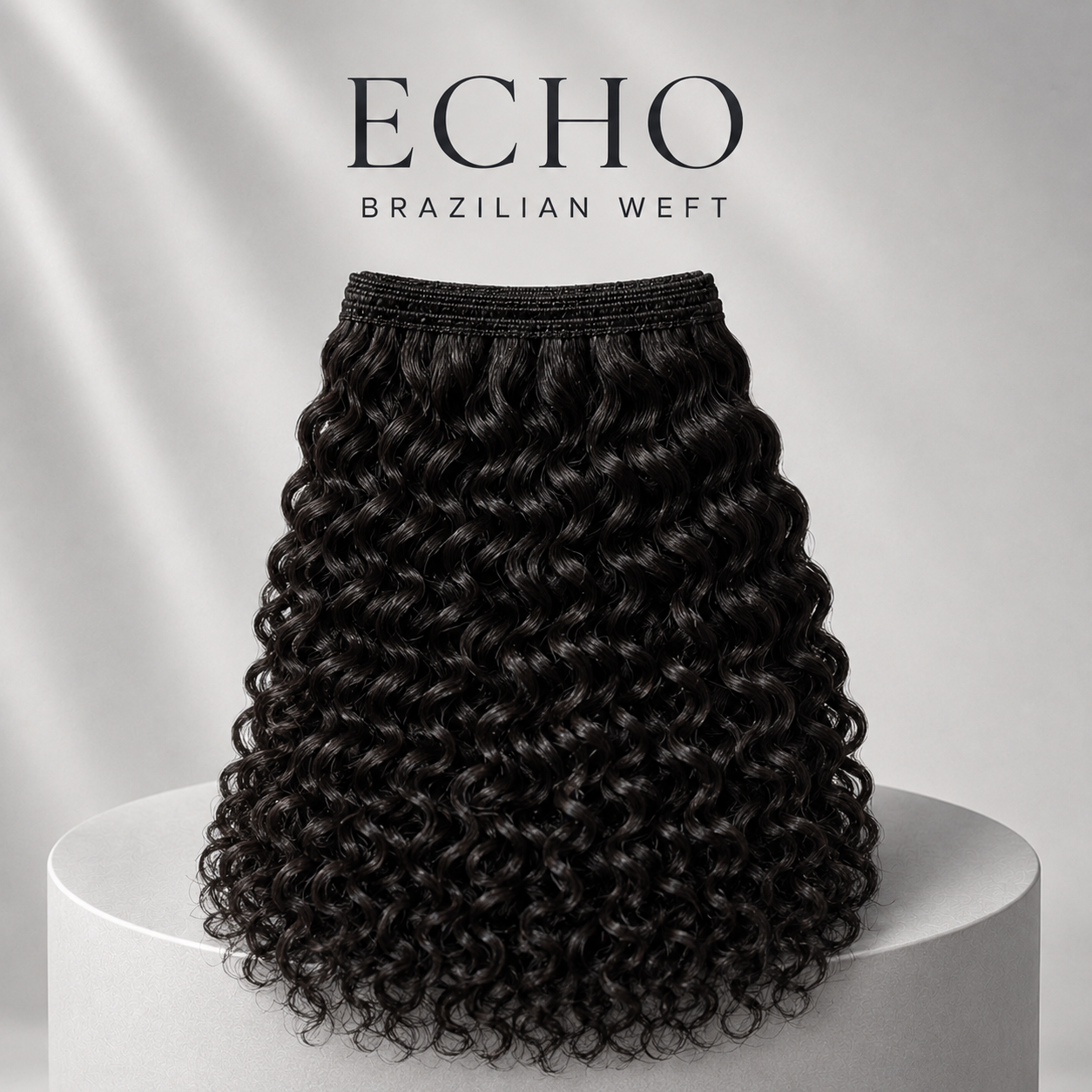 Black curly Brazilian weft hair extension displayed on a white cylindrical pedestal, with the brand name 'ECHO BRAZILIAN WEFT' printed above on a light gray background.