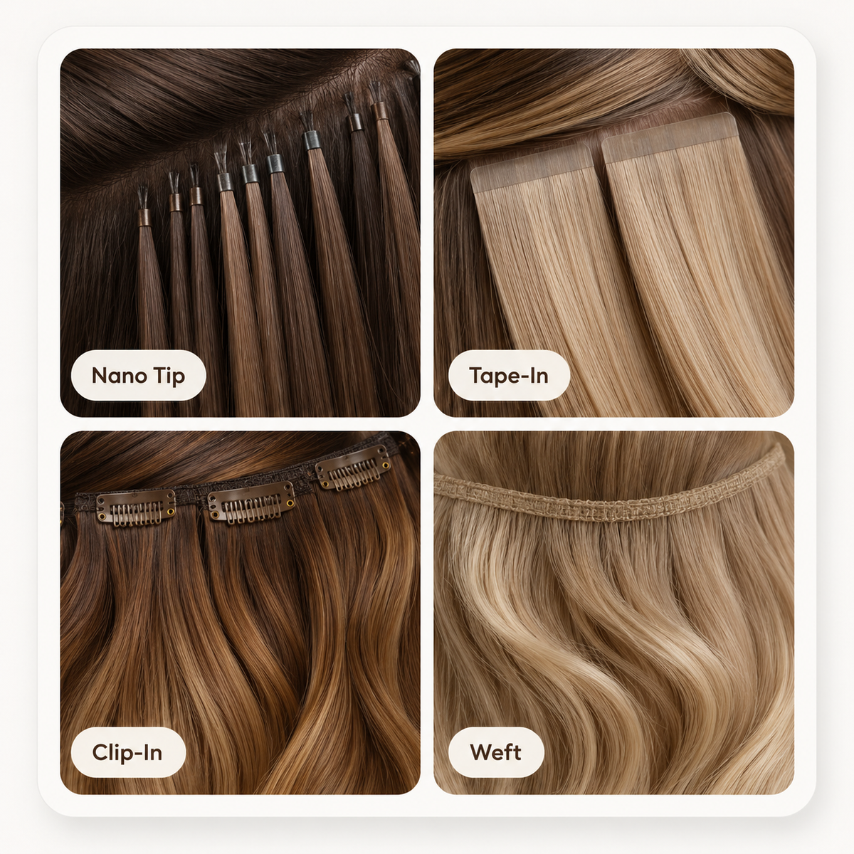 Comparison of Nano Tip, Tape-In, Clip-In and Weft hair extension methods