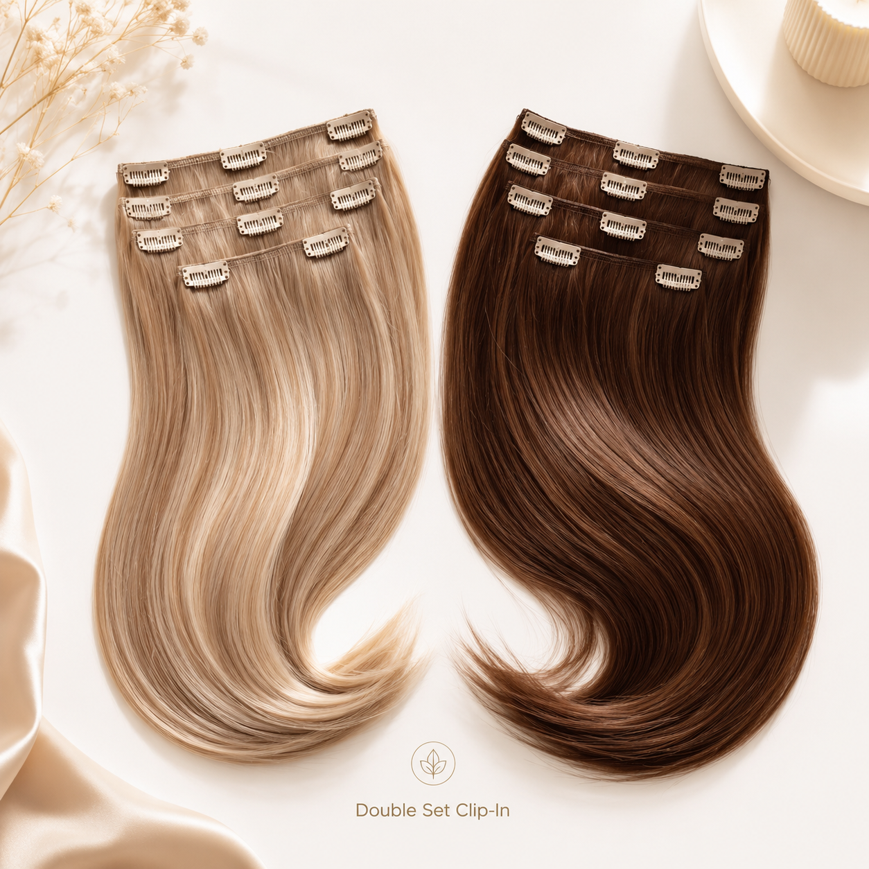 Double set clip-in human hair extensions in blonde and brunette shades with visible clips
