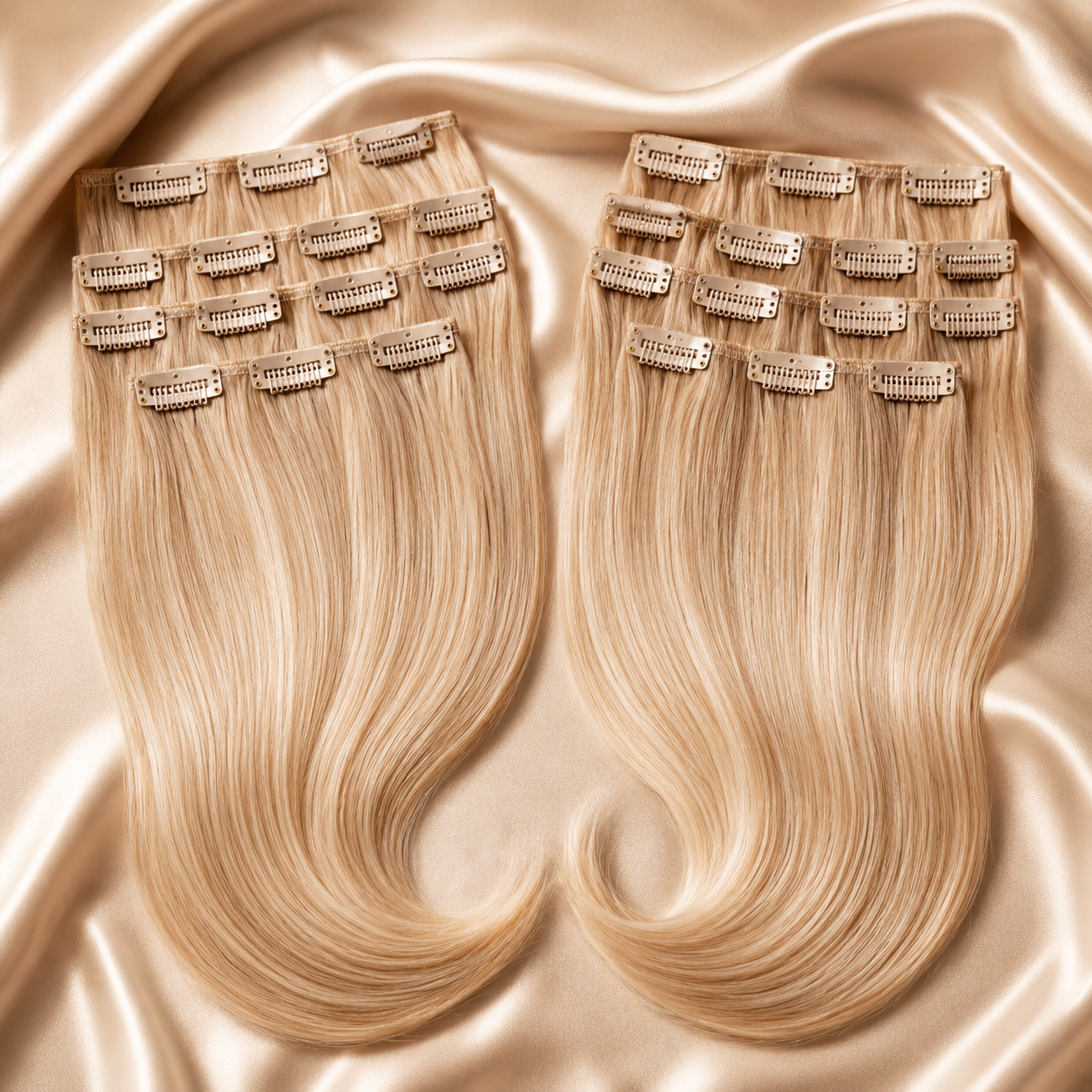 Two bundles of long, straight Double set clip-in hair extensions in a light blonde shade, laid flat on a draped champagne satin fabric background.