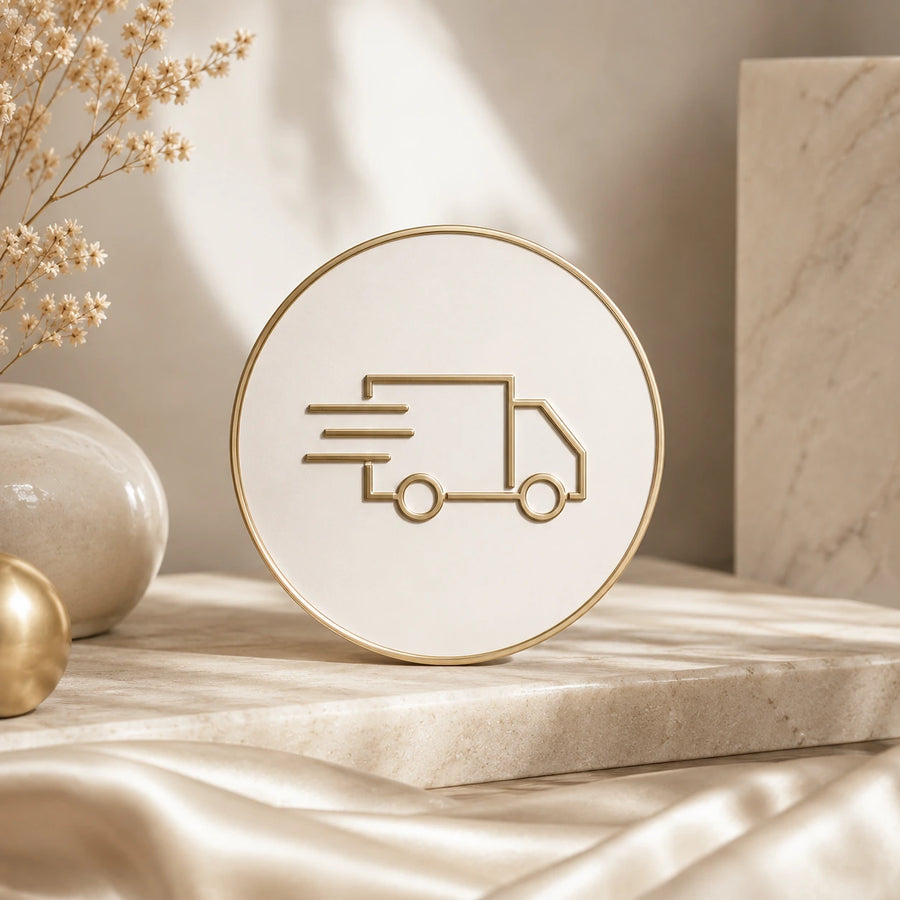 Luxury fast UK delivery badge with elegant gold delivery truck icon, soft beige marble platform, satin fabric textures, and premium salon-inspired cosmetic aesthetic.