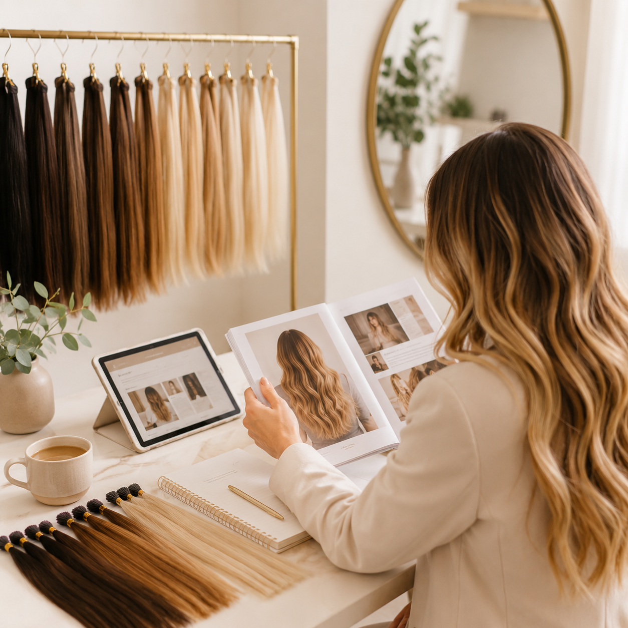 Luxury hair extension consultation scene with hair colour samples, styling guide and editorial haircare inspiration for The Cosmetologist hair extension blog.