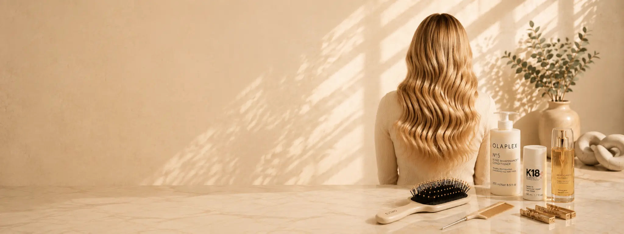 Desktop hair extension guide banner with long glossy blonde waves, Olaplex, K18, hair oil, extension brush, comb and gold clips on a warm neutral background.