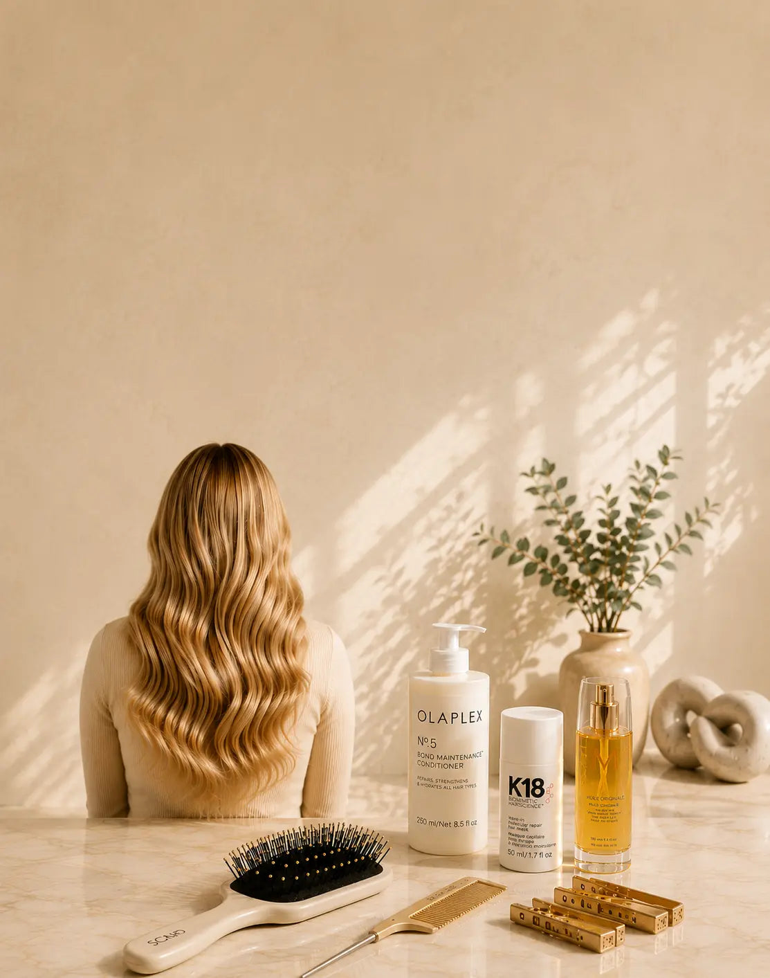 Mobile hair extension guide banner with long glossy blonde waves, Olaplex, K18, hair oil, extension brush, comb and gold clips on a warm beige background