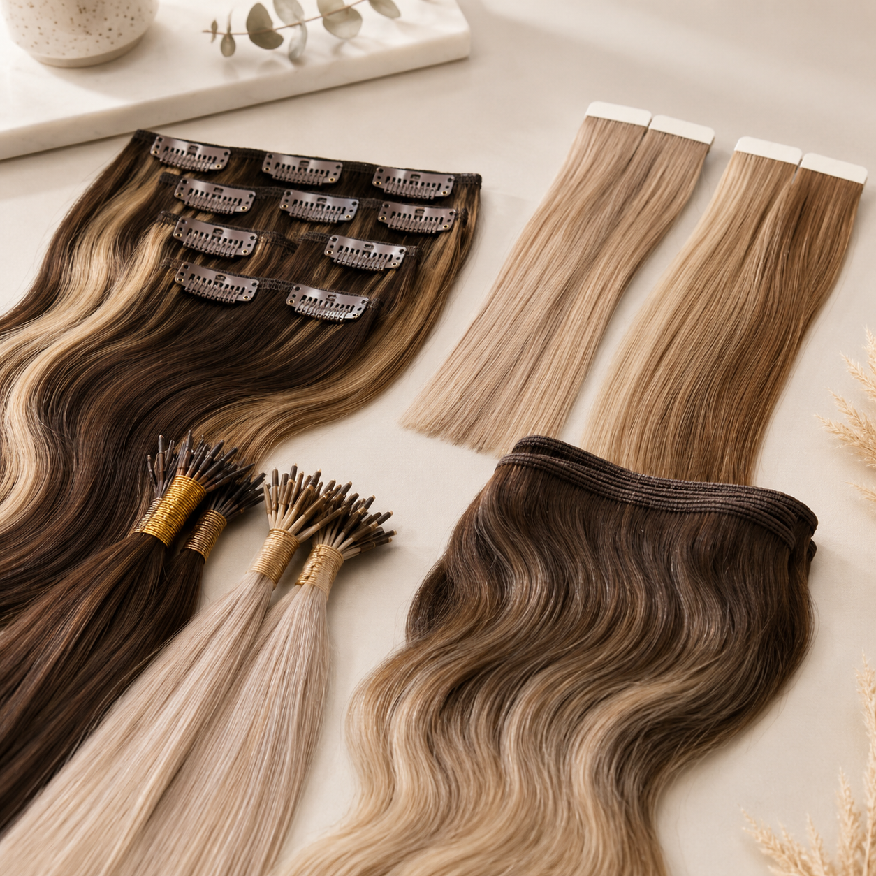 Clip in, tape in, nano tip and weft human hair extensions arranged on a neutral salon-style background